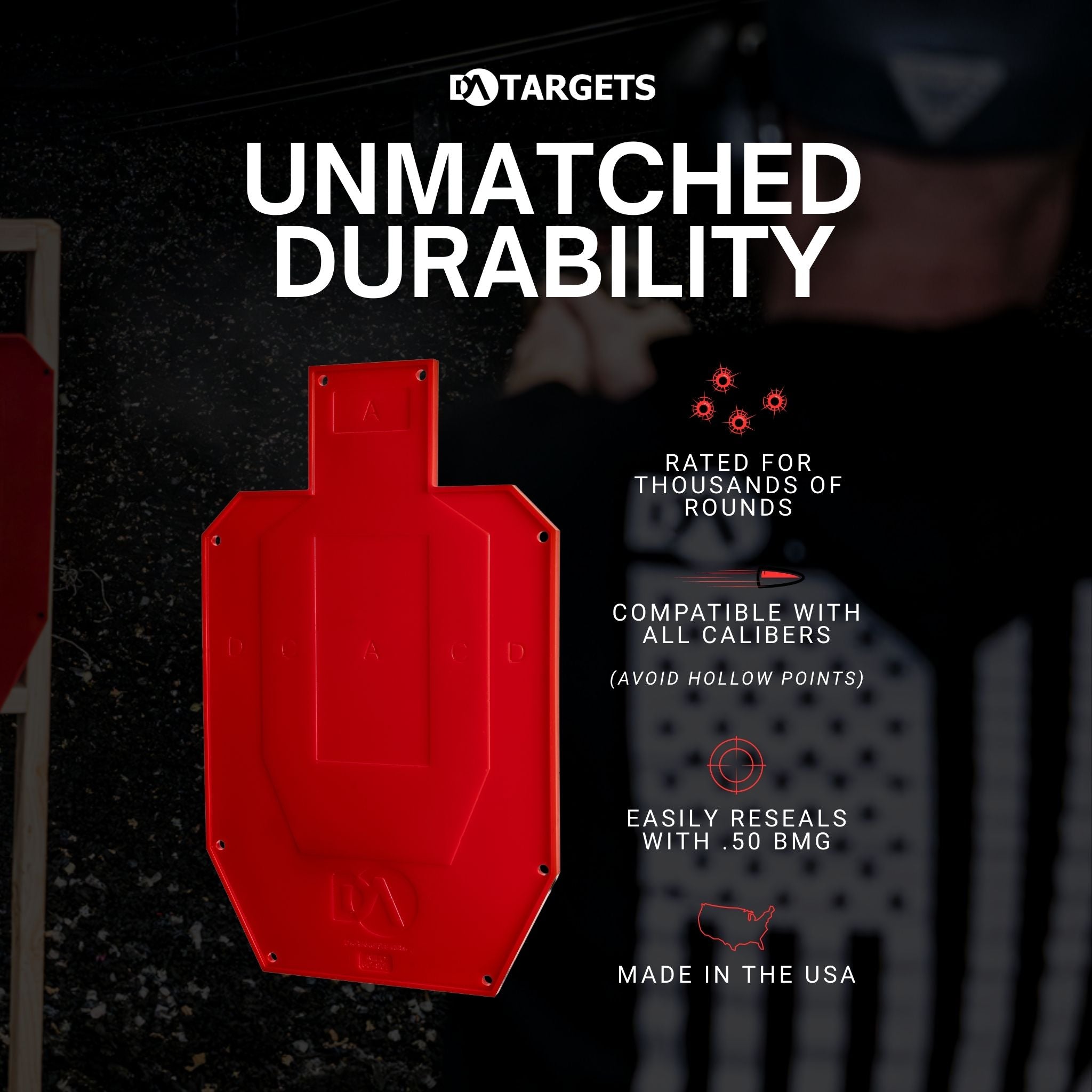 Full-Size Silhouette Color-Changing Target suitable for all pistol and rifle calibers, providing instant visual feedback upon impact.